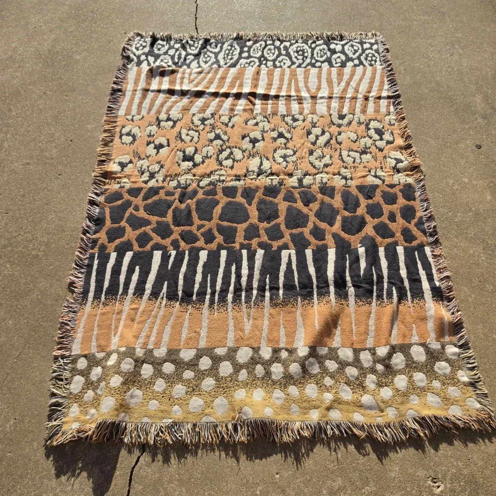 Vintage Woven Animal Print Patchwork Throw Blanket Fringed Tapestry 70x48